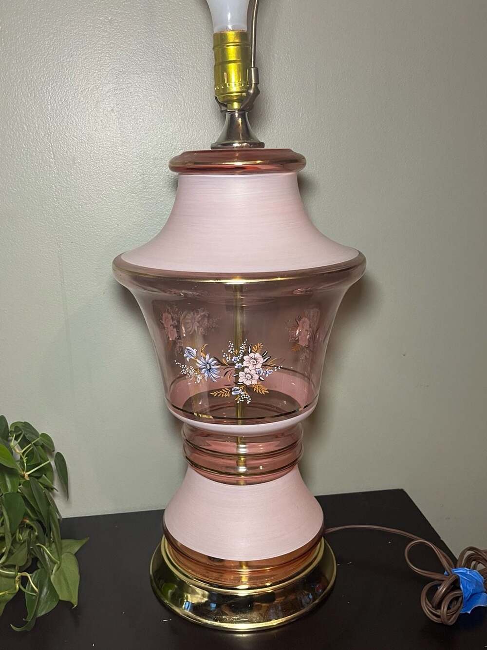 Vintage Pink Glass Floral Painted Table Lamp